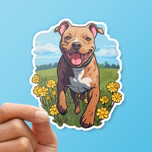 Pit Bull Running Through a Field of Wildflowers Vinyl Sticker, pit bull decal, cute dog sticker, pitbull sticker, happy dog laptop stickers