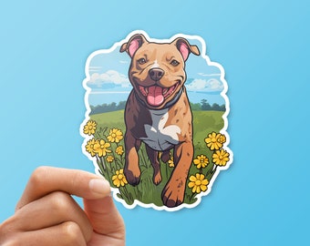 Pit Bull Running Through a Field of Wildflowers Vinyl Sticker, pit bull decal, cute dog sticker, pitbull sticker, happy dog laptop stickers