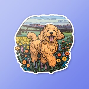 Gouden doodle in een veld van wilde bloemen vinyl sticker, schattige hond sticker, gouden doodle puppy cartoon hond laptop planner sticker hond minnaar cadeau