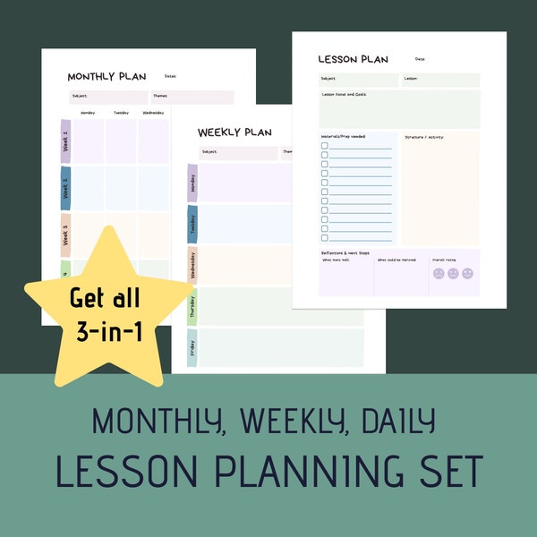 Monthly, Weekly & Daily Lesson Plan Template Set - Digital and Physical Use, for Teachers and Educators, Easy-to-Use and Reusable