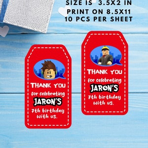 Etiquetas de agradecimento de aniversário Roblox, personalização gratuita, impressão, etiquetas para presentes Roblox, etiquetas Roblox