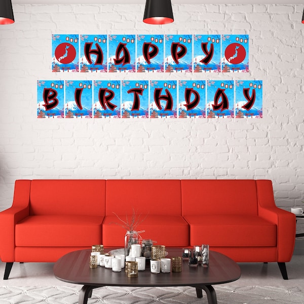 Birthday Decoration, Happy Birthday Banner, Customized Banner, Digital Download, Free Customize, Printable Banner, Japanese Theme