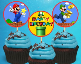 Super Mario Cupcake Toppers, Super Mario Brothers Cupcake Toppers, 12 pcs cupcake toppers, Instant Download,Printable Toppers