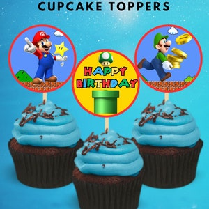 Super Mario Cupcake Topper, Super Mario Brothers Kuchendeckel, 12 Stück Cupcake Topper, Instant Download, druckbare Topper