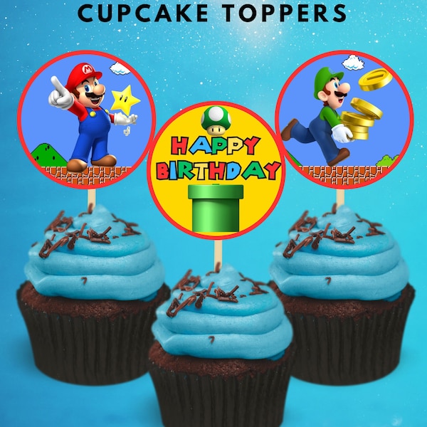 Super Mario Cupcake Toppers, Super Mario Brothers Cupcake Toppers, 12 Stück Cupcake Toppers, Instant Download, Printable Toppers