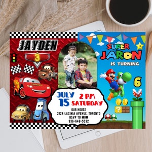 Siblings Birthday Invitation, Joint, Combined, Twins, Super Mario, Super Cars, Free Custom, Printable Invitation, Digital Download