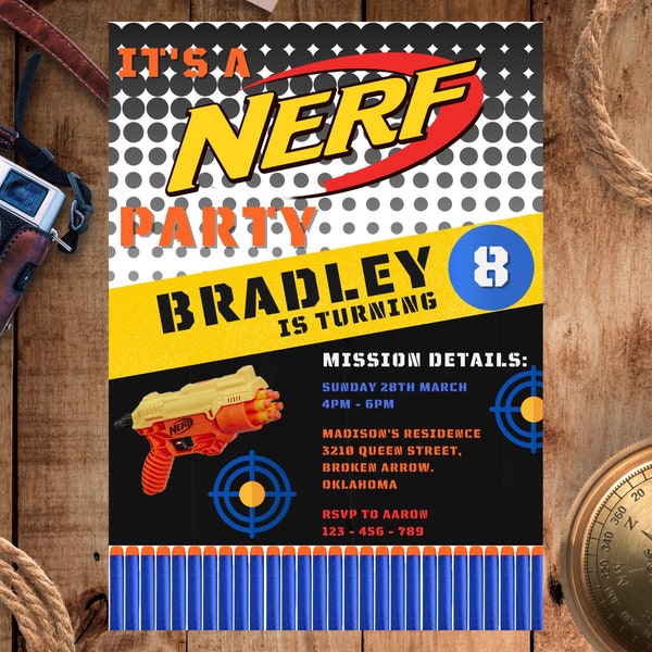 Nerf Birthday Invitation, Birthday Party Invitation, Game Theme, Instant Download, Personalized Invitation, Free Customization, Canva, 5x7