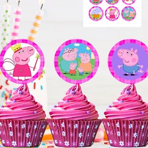 Peppa Pig Cupcake Toppers, Digital Toppers, 12pcs cupcake toppers, Regular-sized Cupcakes, Girl Toppers, Instant Download, Printable Topper