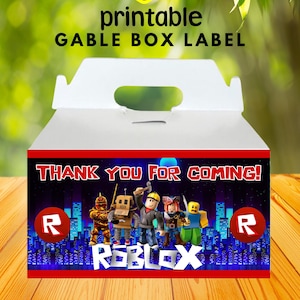 May include: Printable gable box label featuring a red and blue Roblox theme with a cityscape background. The label says "Thank you for coming!" and has a red "R" on each side.  The label is designed for a gable box.