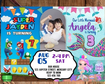 Siblings Birthday Invitation, Joint, Combined, Twins, Super Mario, Little Mermaid, Free Custom, Printable Invitation Digital Download