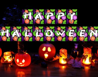 May include: A festive Halloween scene with illuminated jack-o'-lanterns and candlelit jars. The words "HAPPY HALLOWEEN" are displayed above the pumpkins. The scene is set on a wooden surface with decorative elements.