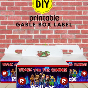 May include: Printable gable box labels featuring a Roblox theme. The labels are red, blue, and black with a cityscape background and the text "Thank You For Coming!" and "Roblox".