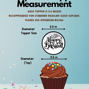 Op de afbeelding: Een cupcake topper met de woorden "Happy Birthday" in zwarte letters op een witte cirkel met zilveren glitter. De topper is 2,2 inch in diameter en wordt aanbevolen voor cupcakes van standaardformaat. De afbeelding toont ook een cupcake met chocolade glazuur en kleurrijke sprinkles, met afmetingen voor de boven- en onderkant van de cupcake.
