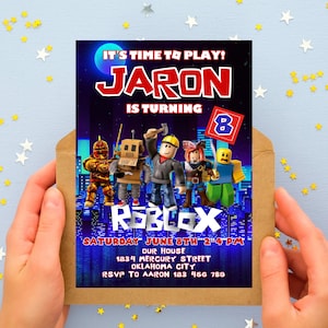 Roblox-verjaardagsuitnodiging, gratis aanpassing, gepersonaliseerde en bewerkbare sjabloon, doe-het-zelfuitnodiging, digitaal bestand, direct downloaden