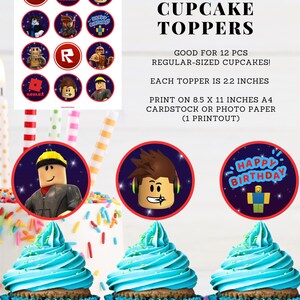 Op de afbeelding: Printbare cupcake-toppers met Roblox-personages en een vrolijk verjaardagsontwerp. De toppers zijn 2,2 inch in diameter en zijn ontworpen om te worden afgedrukt op A4-karton of fotopapier.