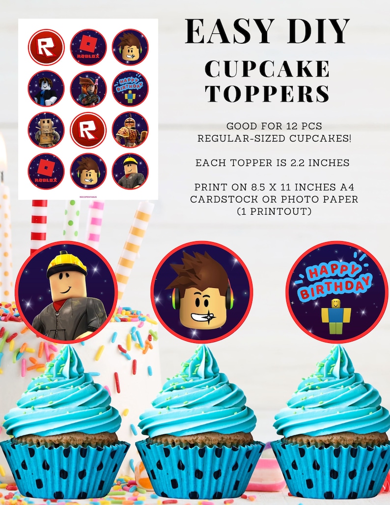 Op de afbeelding: Printbare cupcake-toppers met Roblox-personages en een vrolijk verjaardagsontwerp. De toppers zijn 2,2 inch in diameter en zijn ontworpen om te worden afgedrukt op A4-karton of fotopapier.