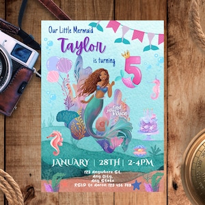 Faire-part d'anniversaire de sirène, invitation modifiable, personnalisation gratuite, petite sirène, invitation imprimable, invitation numérique, toile 5 x 7