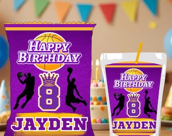 Personalized Basketball Birthday Chips Bag | Purple Gold Sports Party Favor (Digital Download)