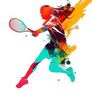 Può includere: Illustrazione astratta ad acquerello di un tennista in azione. La figura è resa in colori vivaci tra cui rosso, arancione, verde acqua e giallo, con una racchetta da tennis in mano. L'opera d'arte ha un'atmosfera dinamica ed energica.