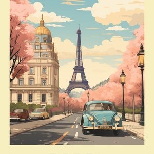 Può includere: Un'illustrazione di cartolina vintage di un'auto blu che guida lungo una strada di Parigi, Francia. La Torre Eiffel è sullo sfondo e ci sono alberi di ciliegio che costeggiano la strada. L'auto ha una targa che recita "UB88CIAL".