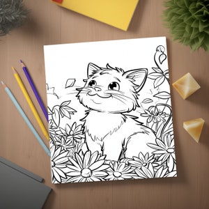 Puede incluir: Un dibujo en blanco y negro de un gato sentado en un campo de flores. El gato está mirando hacia arriba y tiene una expresión feliz en su rostro.