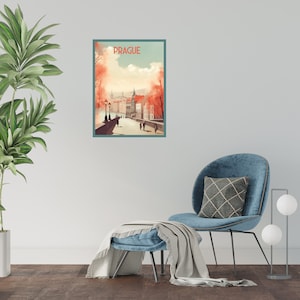 Vintage plakat podróżniczy: Praga-Retro Travel Art-Praga dekoracje ścienne-plakat w stylu vintage-prezent do druku