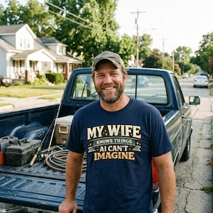Può includere: Una t-shirt a maniche corte blu navy con il testo "MY WIFE KNOWS THINGS AI CAN'T IMAGINE" in un carattere stilizzato, decorato con stelle ed elementi a nastro in bianco, azzurro e giallo stampati sul petto.