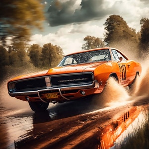Car Lovers - Vintage Car Poster - Dodge Charger on the Road - Wall Art - Home Decor - Tv Series