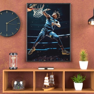 May include: A basketball player wearing a blue and yellow jersey is jumping up to dunk a basketball. The player is in mid-air with their legs extended and their arms outstretched. The player is wearing a black headband and has a determined expression on their face. The basketball hoop is in the background, and the player is surrounded by a crowd of people.