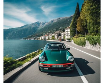 Porsche 911 - Italy Wall Art - Porsche 911 Poster - Lake Como Painting - Digital Download