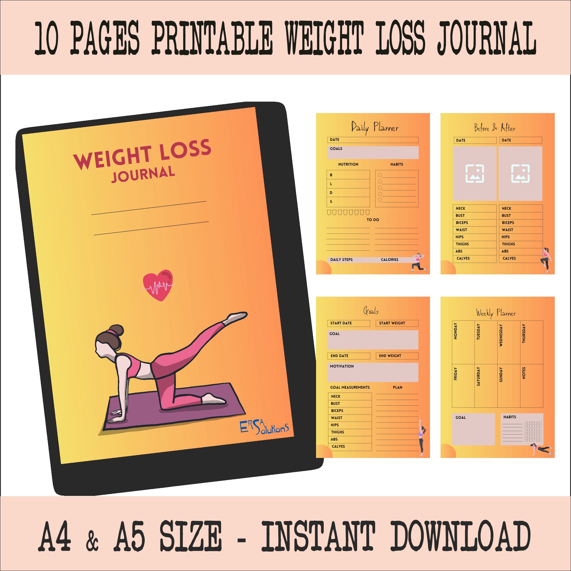 Weight Loss Journal Weight Loss Planner Meal Planner Weight Tracker Instant Download PDF Journal