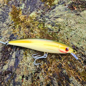 May include: A yellow and green fishing lure with a red eye and a silver hook. The lure is lying on a mossy surface.