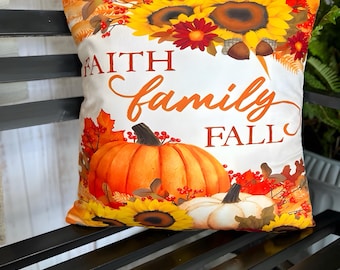 Fall Sunflower Pumpkin Pillow Cover, Farmhouse Porch Sofa throw pillow, Patio fall decor, Fall pillow cover, Autumn decor for bench,