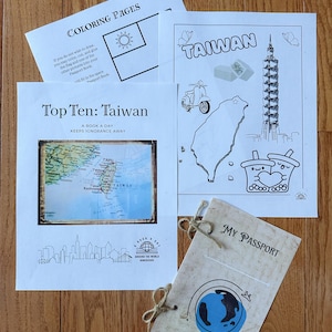 May include: A collection of educational materials, including coloring pages, a passport, and a book titled "Top Ten: Taiwan." The coloring pages feature the Taiwan flag and other illustrations. The passport has a world map design.