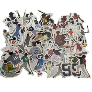 May include: A collection of baseball-themed stickers featuring players in action, with various jersey numbers and team colors. The stickers depict players batting, running, and fielding, with some text visible on the jerseys.