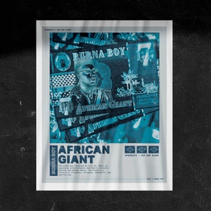 May include: A blue and white album cover with the text "African Giant" and "Burna Boy" in a bold, white font. The album cover features a collage of images of Burna Boy, a palm tree, and the text "African Giant".