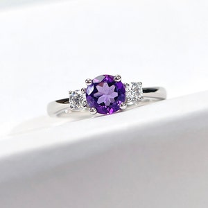 Amethyst Ring February Ring Sterling Silver Minimalist Three Stone Purple Engagement Ring Birthday Gift