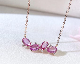 Natural Four Stone Pink Sapphire necklace 18K solid gold with Certificate September Birthstone Gift
