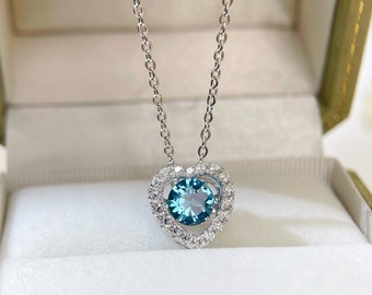 Heart Blue Topaz necklace /Dancing Stone  London Blue Topaz S925 Sterling Silver /November birthstone/