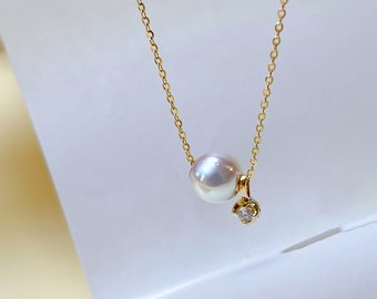 AKOYA Pearl Necklace 18K gold with diamond withe japanese akoya ,AAA quality ,Dainty Pearl Necklace , valentine gift , gift for her