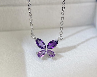 Amethyst Butterfly Necklace: Sterling Silver, 18K Gold Plated, February Birthstone