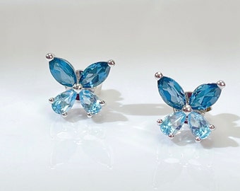 Natural Topaz butterfly earring London Blue and Swiss Blue  With S925 Sterling Silver with 18K plated November birthstone