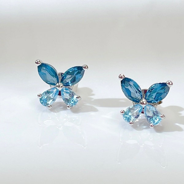 Natural Topaz butterfly earring London Blue and Swiss Blue  With S925 Sterling Silver with 18K plated November birthstone