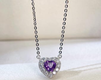 Heart Amethyst Halo Necklace Natural Purple Necklace 925 Silver  February Birthstone
