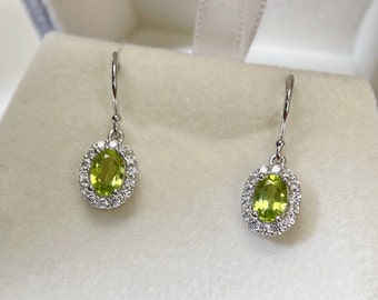 Natural Peridot Halo Drop Earrings - 925 Silver Plated with 18K Gold - Birthstone for August