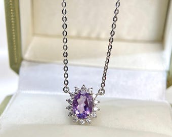 Amethyst Necklace: Sterling Silver Diana Halo, February Birthstone