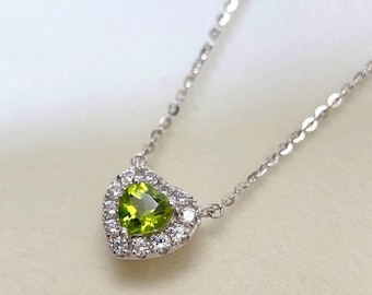 Heart Peridot Halo Necklace: Sterling Silver August Birthstone