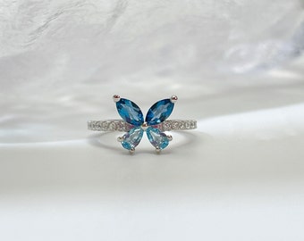 Natural  Topaz Butterfly  Ring  London Blue and Swiss Blue With S925 Sterling Silver /Gift for mom / birthstone/Adjustable Opening/