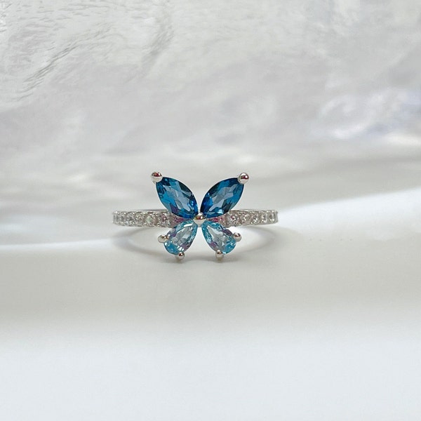Natural  Topaz Butterfly  Ring  London Blue and Swiss Blue With S925 Sterling Silver Plated 18K Gold/december birthstone/Adjustable Opening/