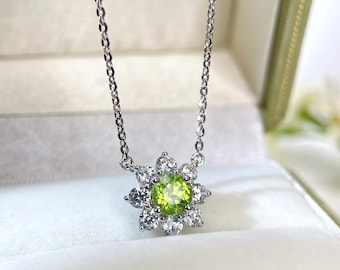 Peridot Sunflower Necklace: Sterling Silver Green Crystal Floral Halo